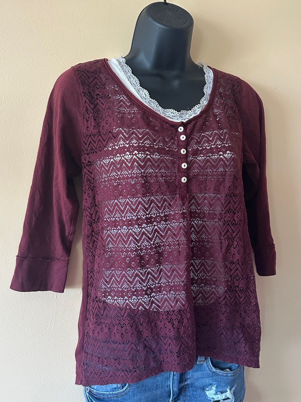 Hollister Burgundy Lace Henley Long Sleeve Top | Size S - Picture 2 of 8